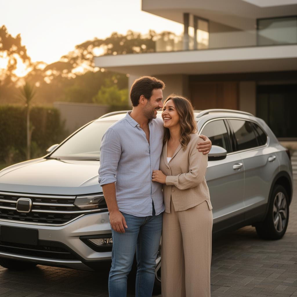 Casal feliz ao lado do carro — proteção patrimonial e conquistas